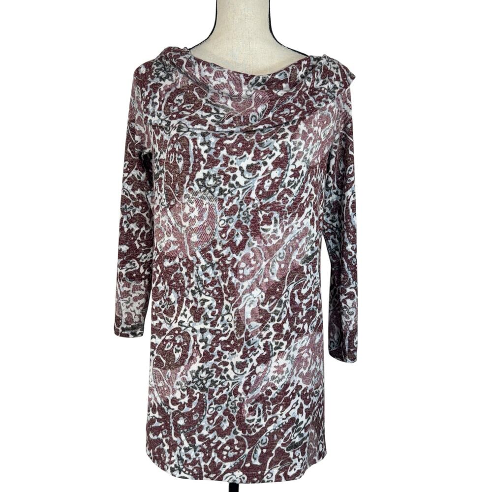 Chico's Zenergy SZ 0 (Small) Tunic Top Cowl Neck Paisley Stretch Long Sleeves